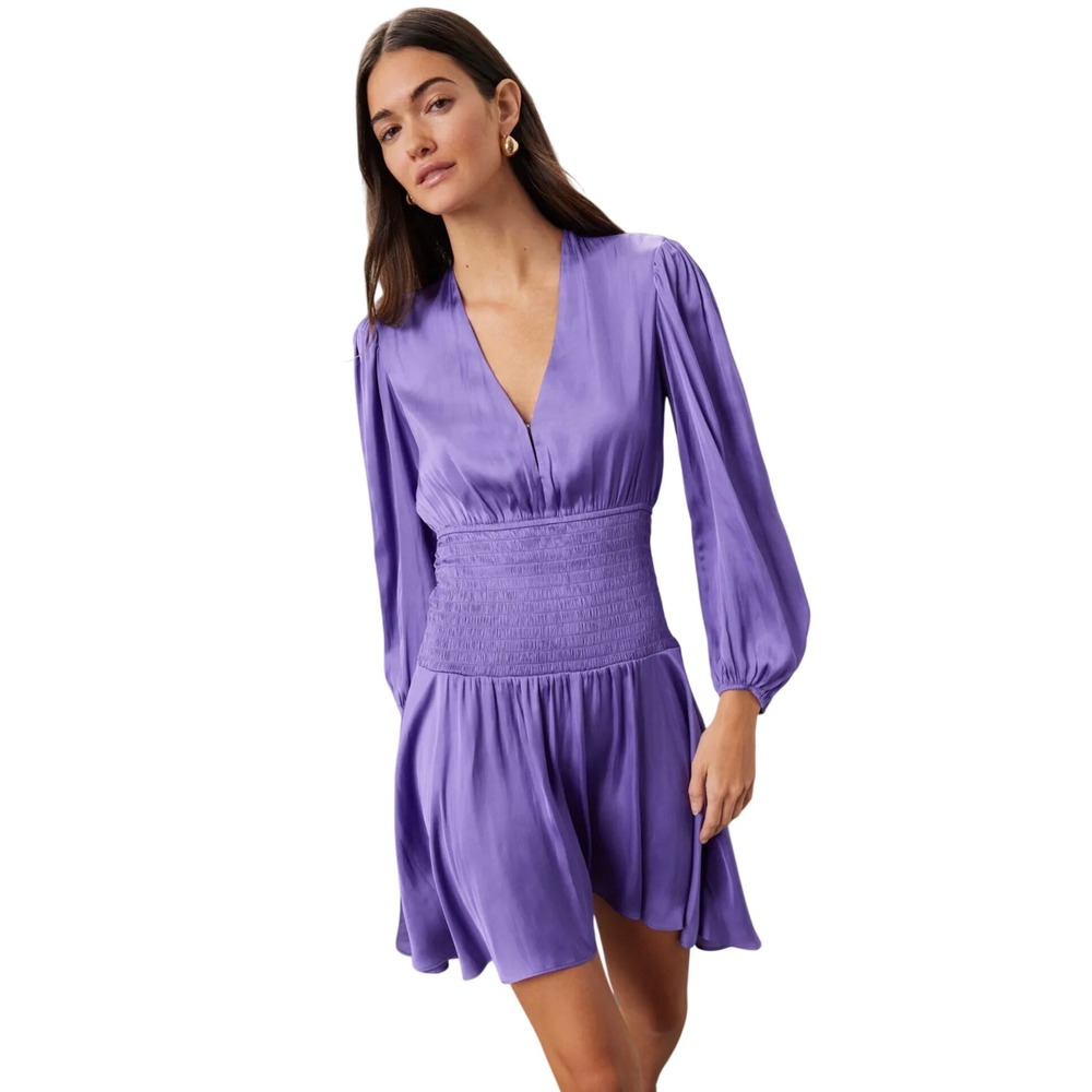 Maje Reloua Violet Satin Smocked Waist V-Neck Mini Dress Size 8 Cocktail EUC